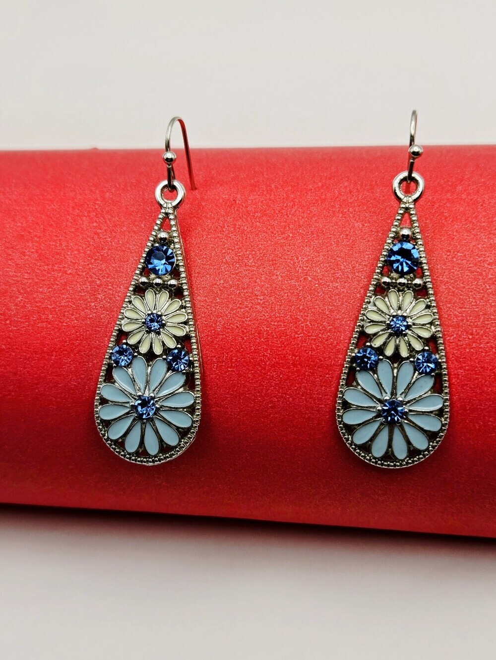 Blue and Pale Yellow Floral Teardrop Earrings - Picture 10 of 16